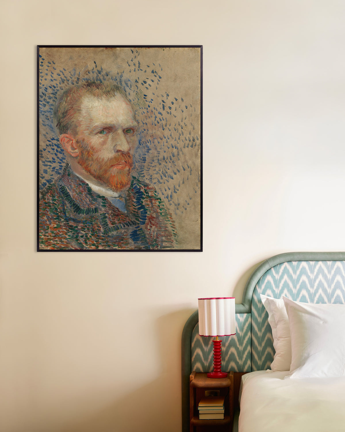 Poster mit Selbstporträt mit blauen Strichen (1887) von Vincent van Gogh, mit Metallrahmen