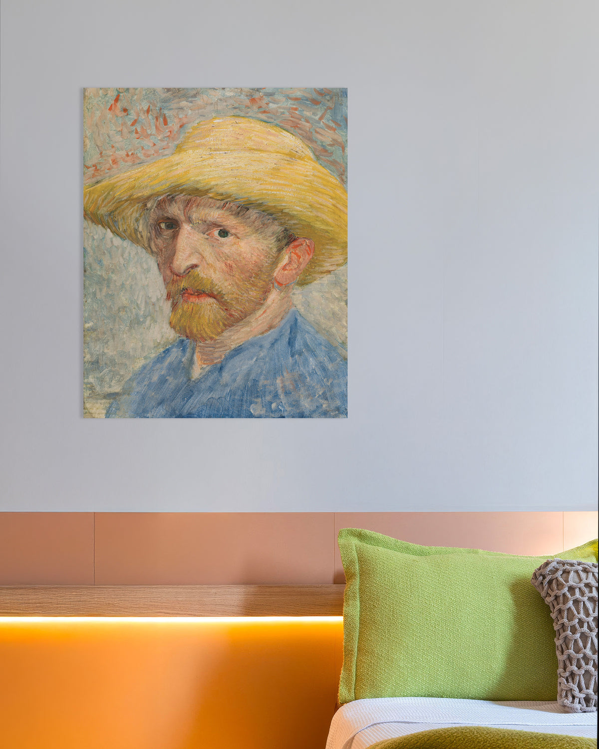 Poster Selbstporträt mit Strohhut und blauem Kittel (1887) von Vincent van Gogh