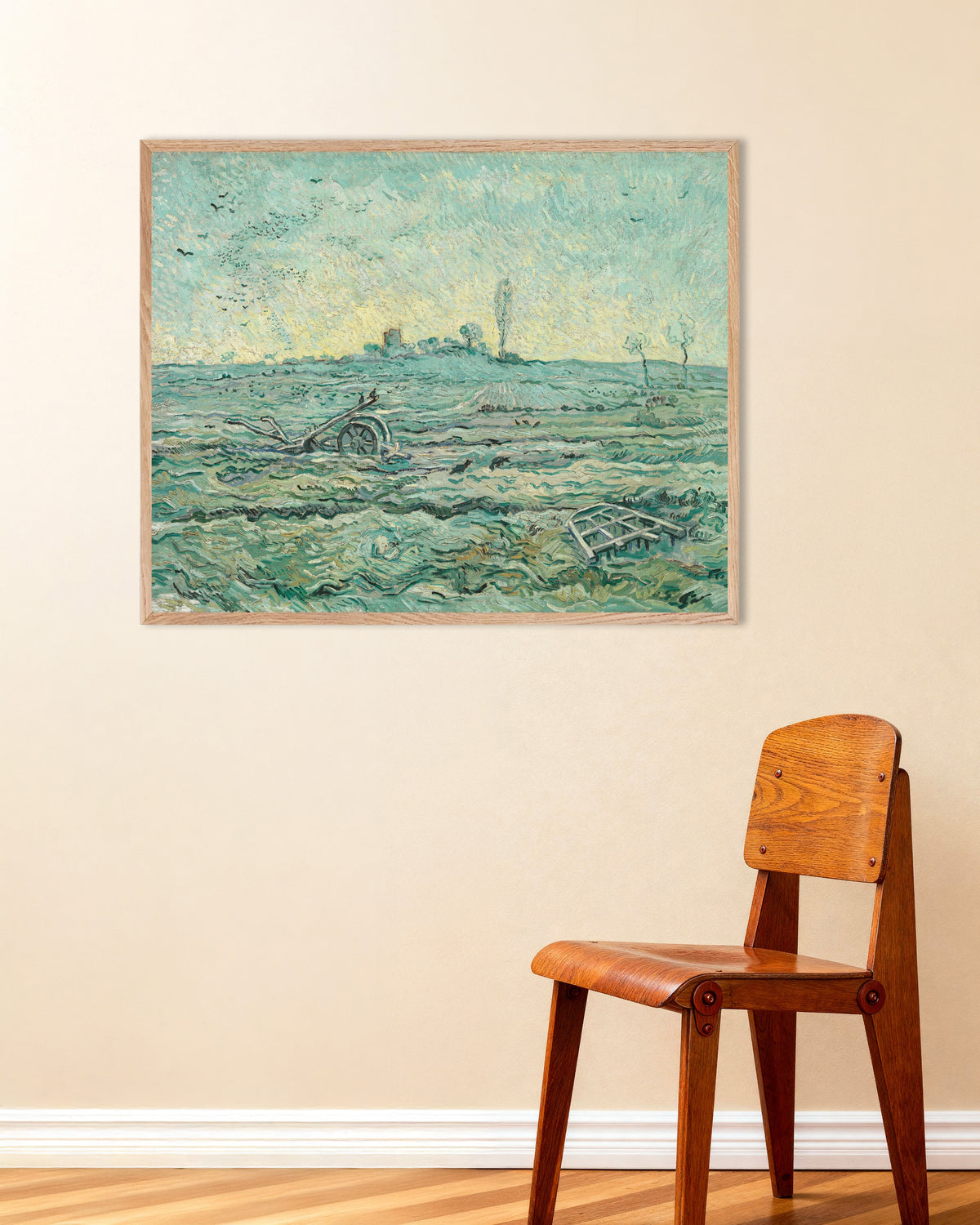 Poster Schneebedecktes Feld mit Egge, nach Millet (1890) von Vincent van Gogh, mit naturfarbenem Holzrahmen