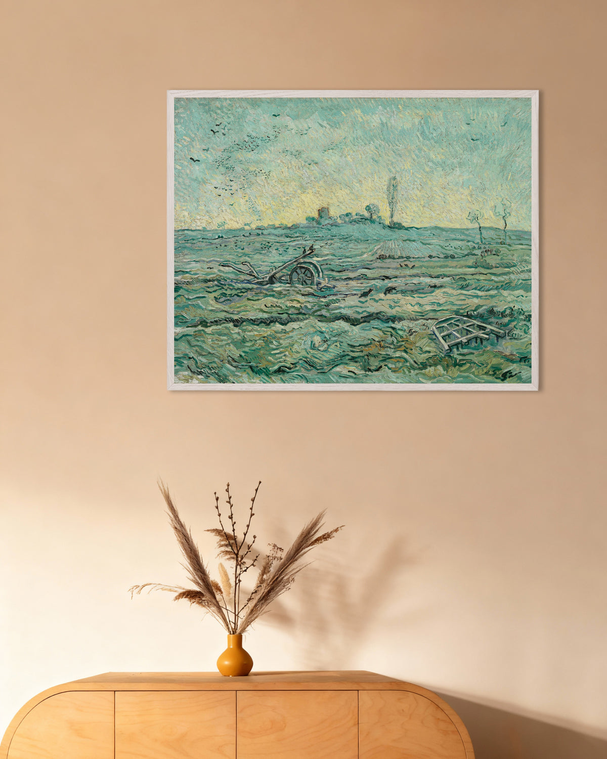 Poster Schneebedecktes Feld mit Egge, nach Millet (1890) von Vincent van Gogh, mit weißem Holzrahmen