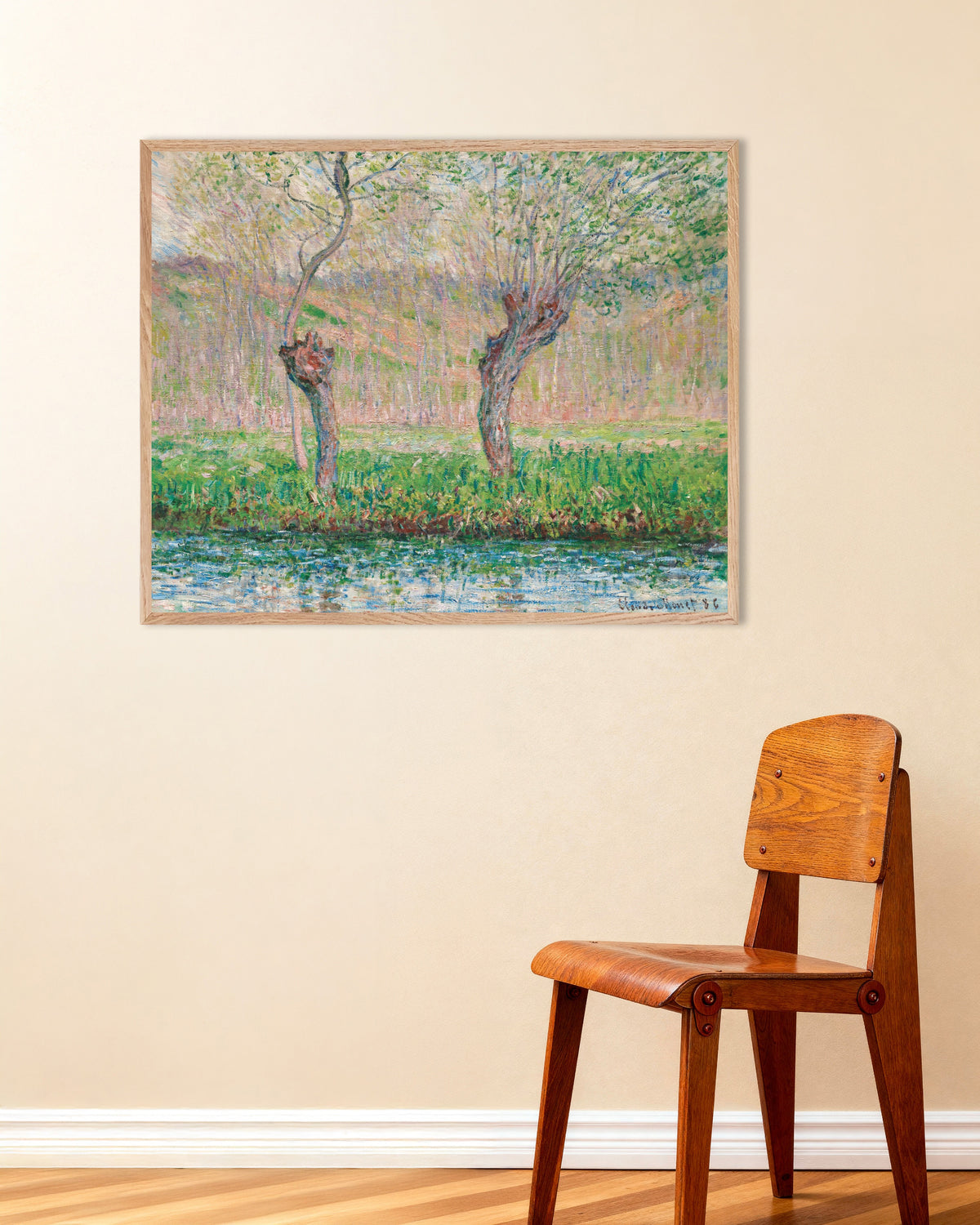Poster Frühling, Weiden (1885) von Claude Monet mit naturfarbenem Holzrahmen