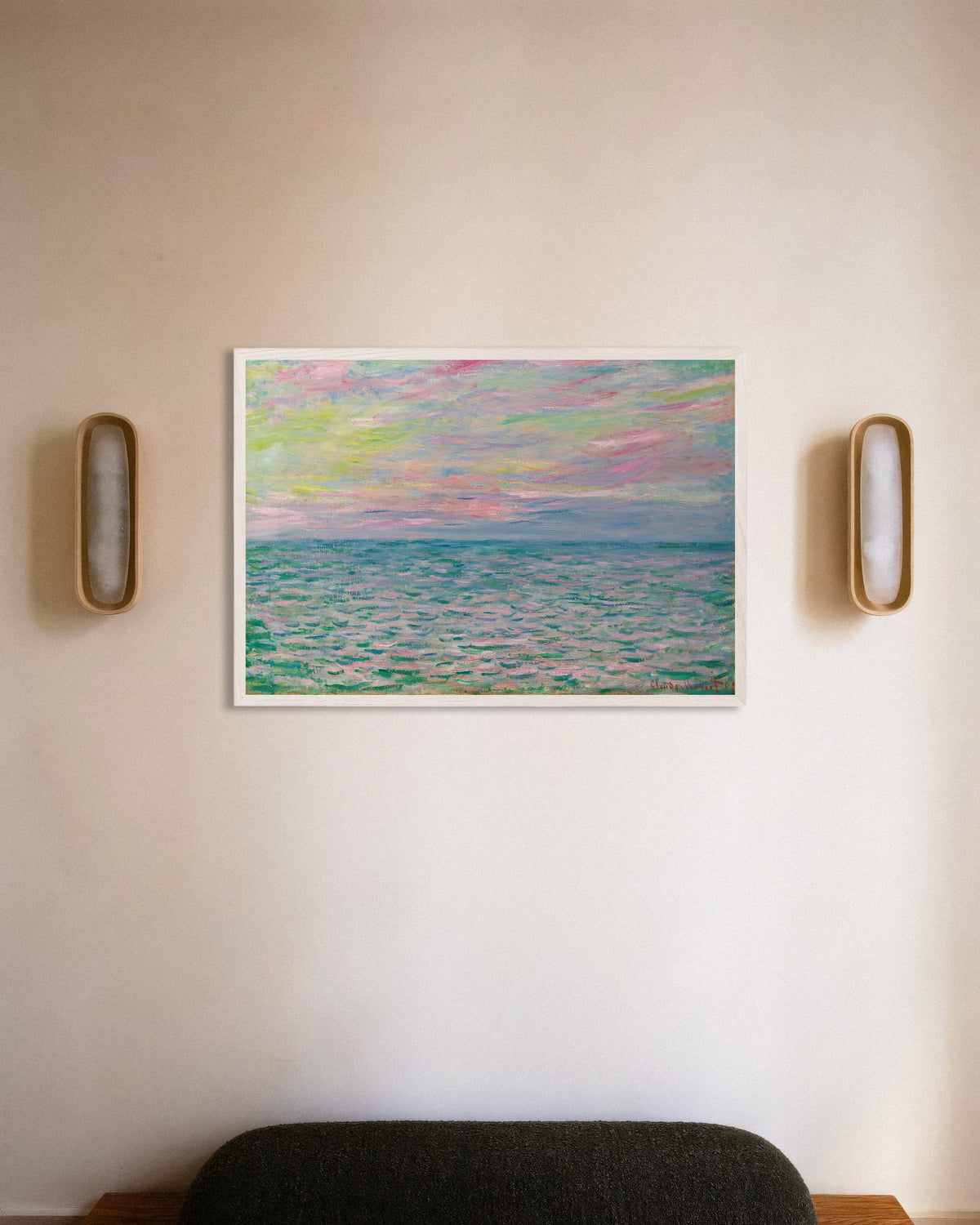 Poster Sonnenuntergang bei Pourville, offenes Meer (1882) von Claude Monet mit weißem Holzrahmen