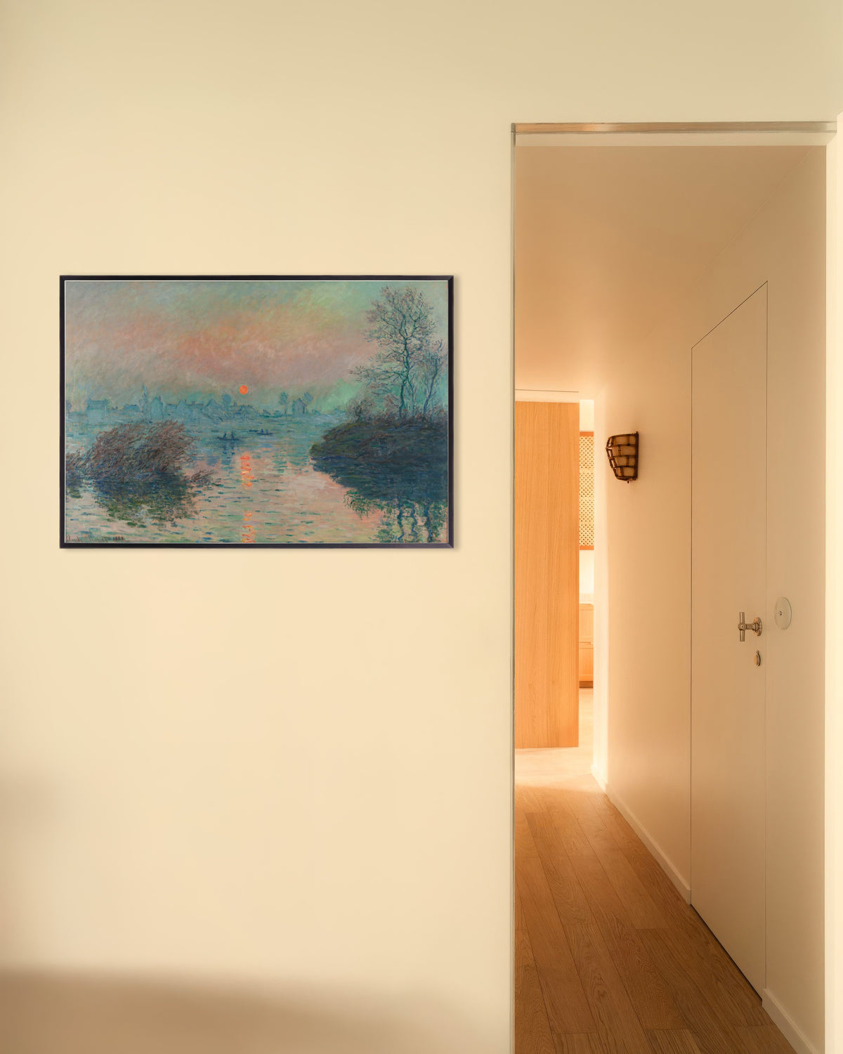 Poster Sonnenuntergang an der Seine bei Lavacourt, Winterstimmung (1880) von Claude Monet mit Metallrahmen