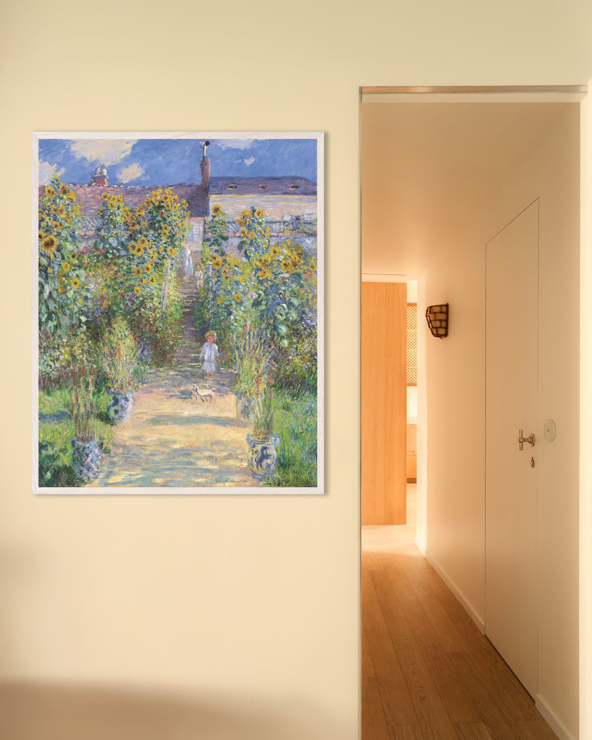Poster Der Garten des Künstlers in Vétheuil (1881) von Claude Monet mit weißem Holzrahmen