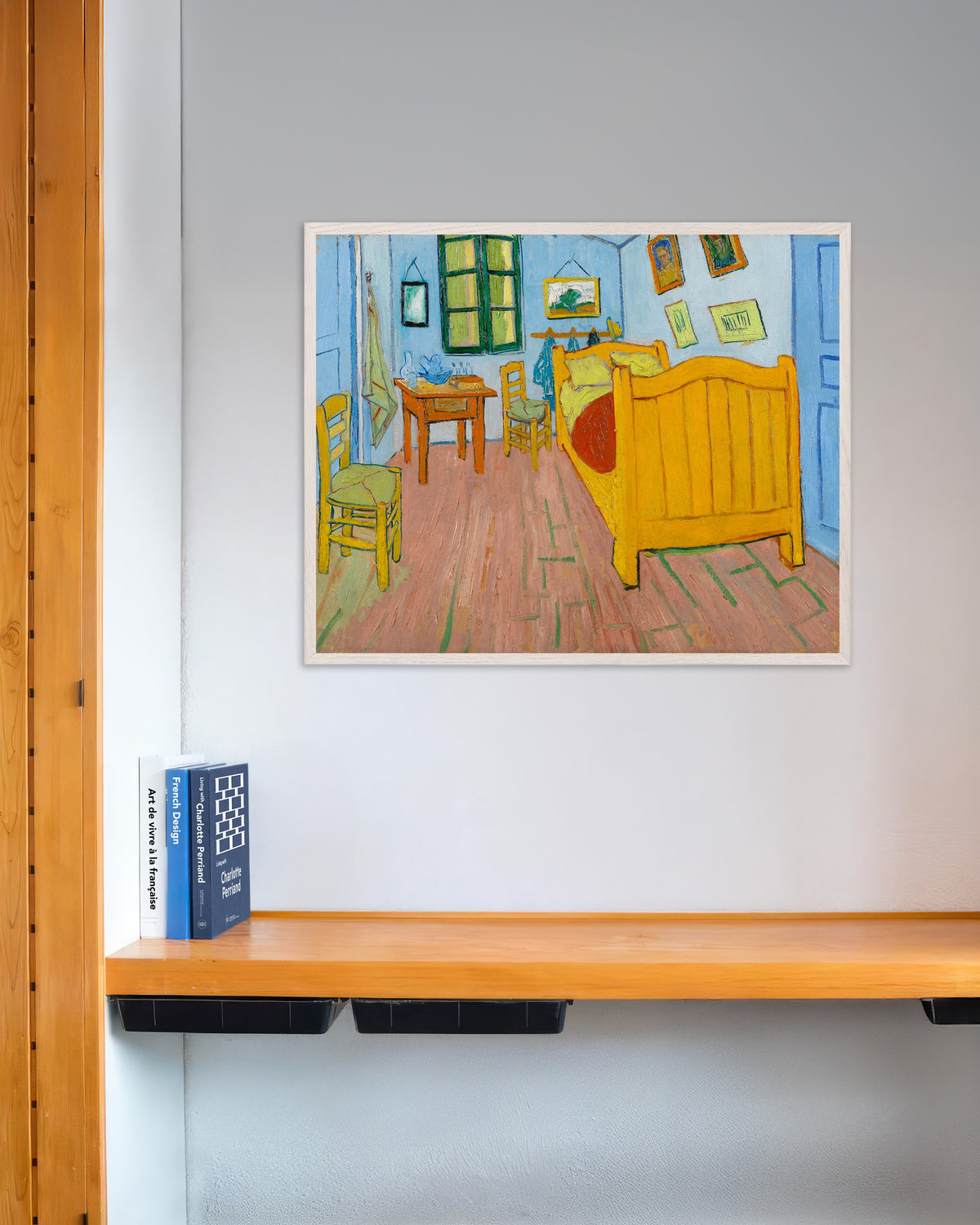 Poster Das Schlafzimmer (1888) von Vincent van Gogh, mit weißem Holzrahmen
