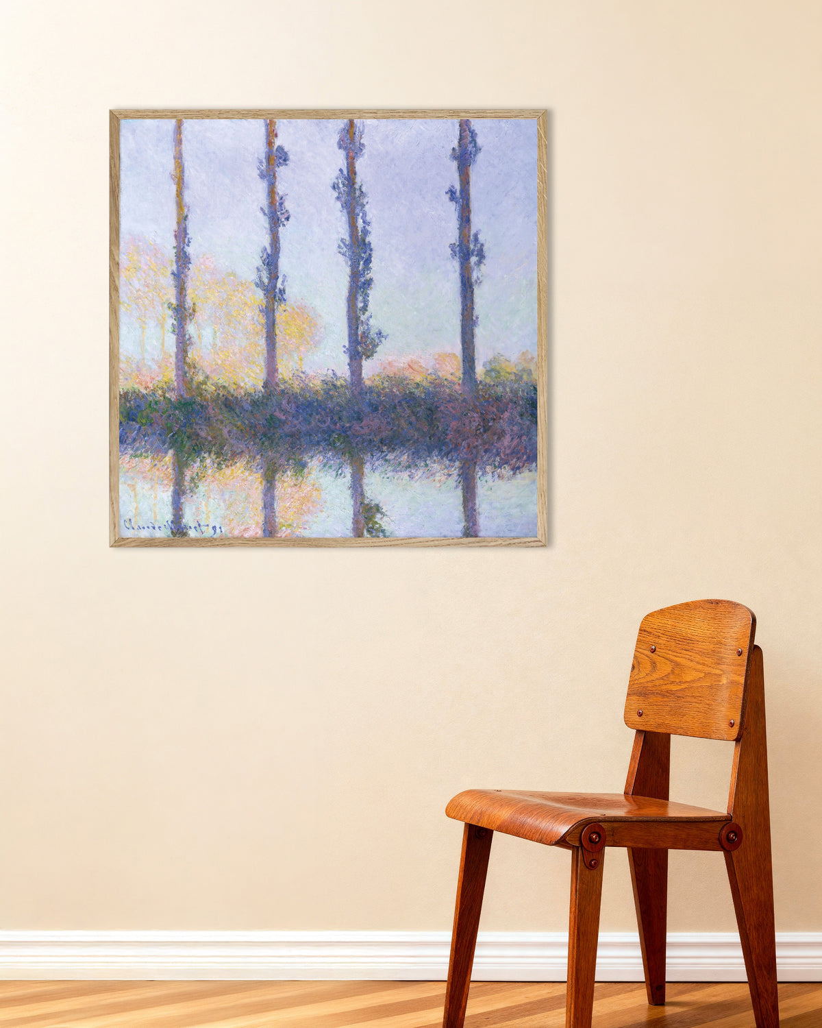 Poster Die vier Bäume (1891) von Claude Monet mit naturfarbenem Holzrahmen