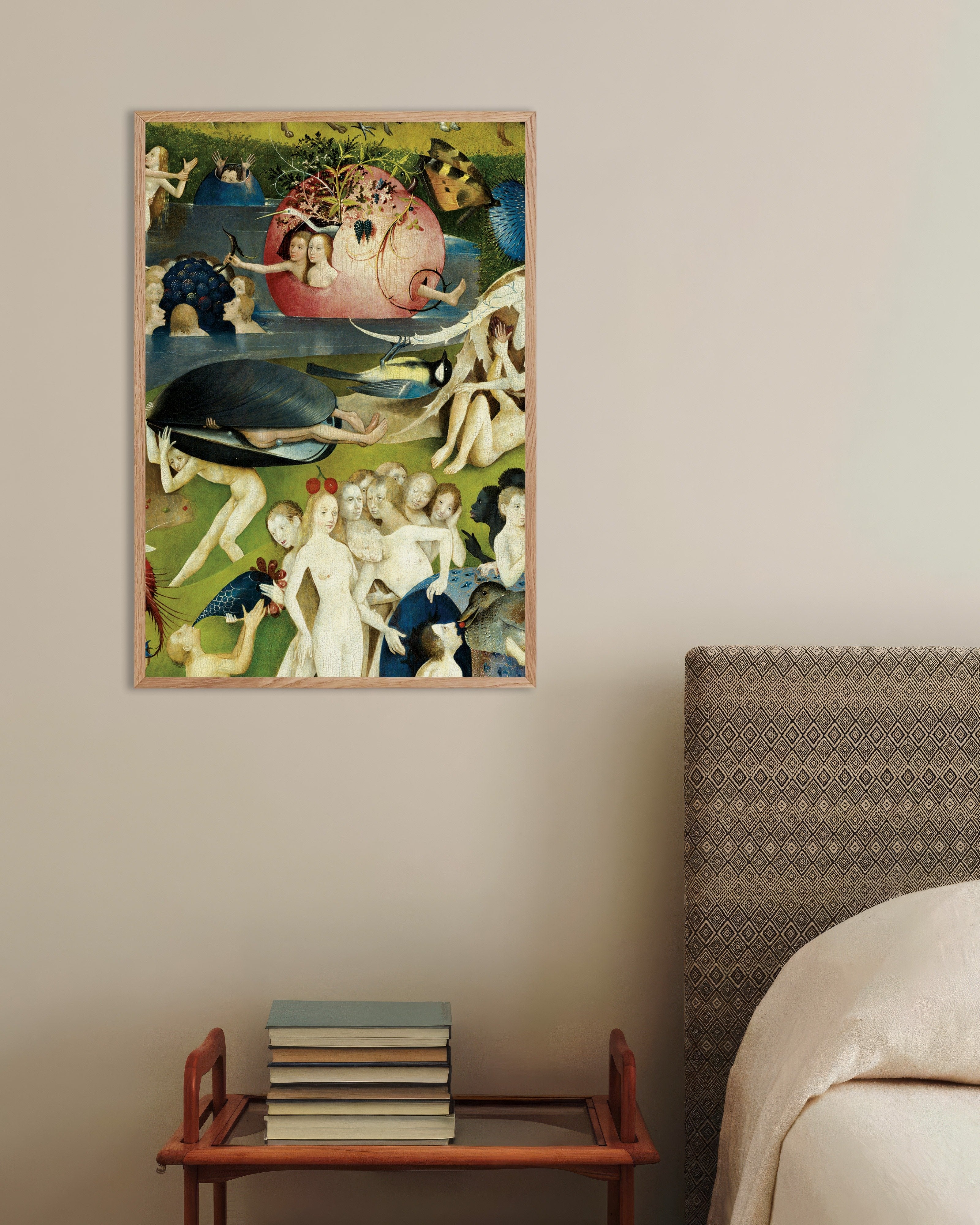 Poster of The giant mussel and blue bird - Detail from The Garden of Earthly Delights, with natural wooden frame