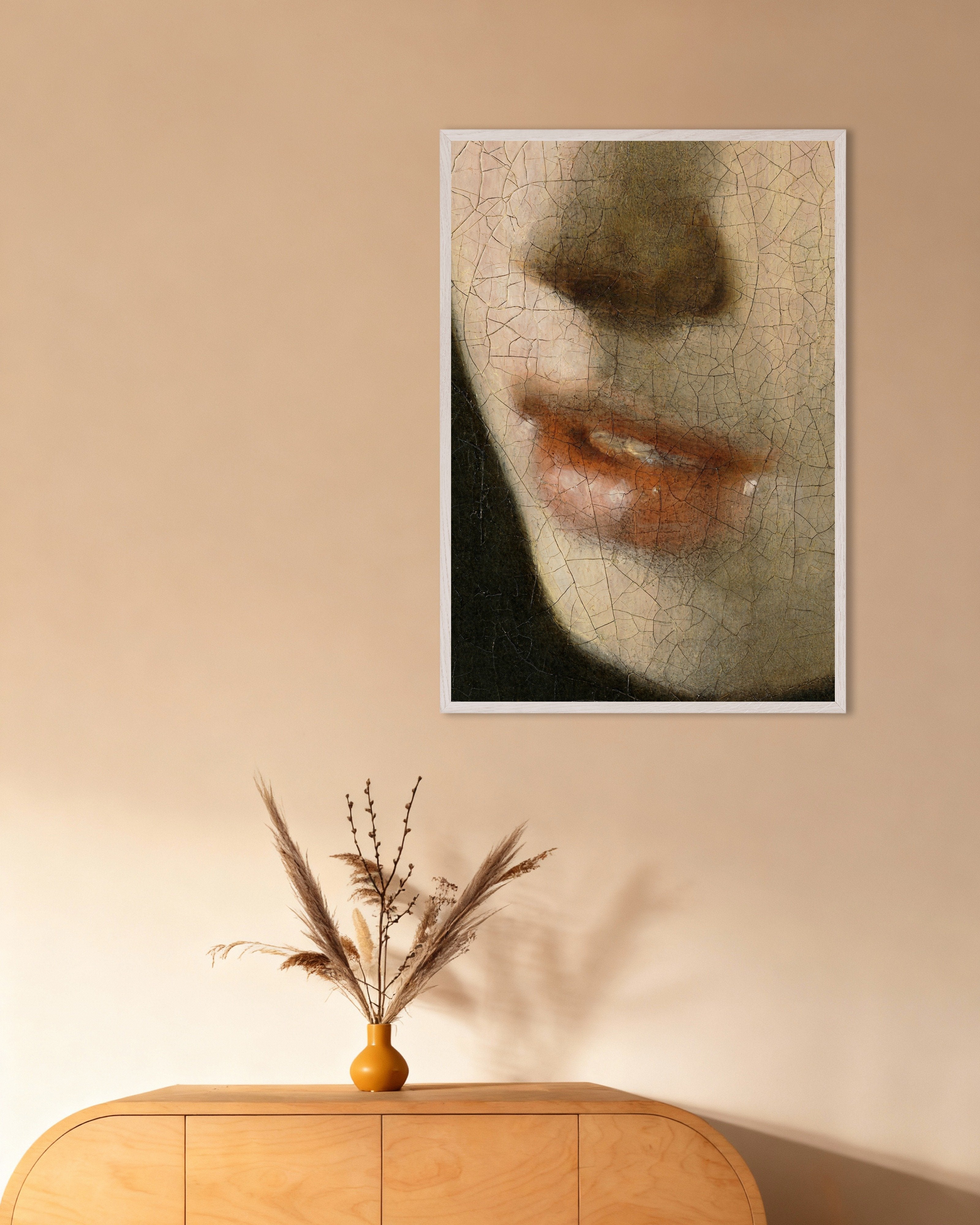 Poster of The Lips (Vertical) - Vermeer Detail Poster, with white wooden frame