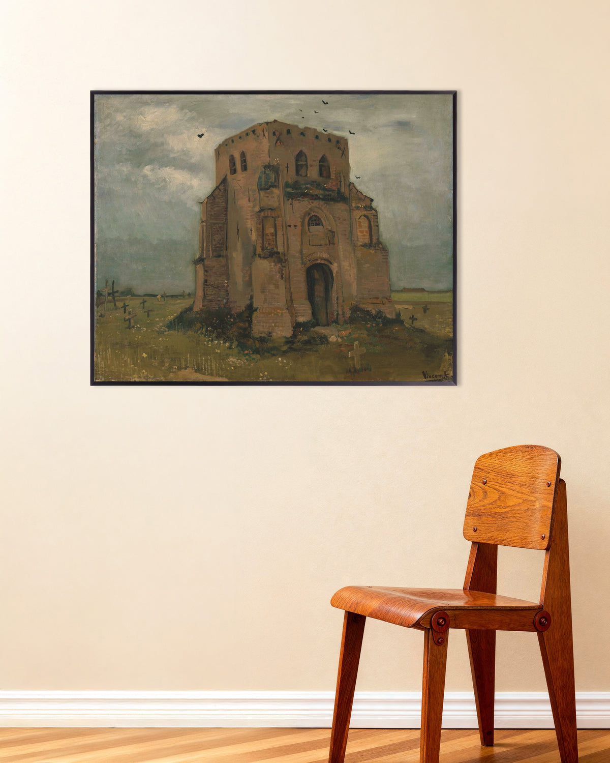 Poster von Der alte Kirchturm von Nuenen (1885) von Vincent van Gogh, mit Metallrahmen