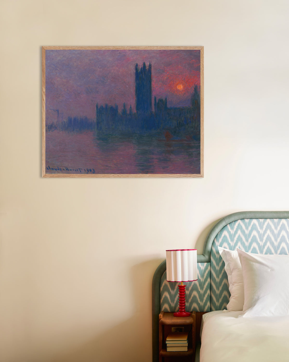 Poster Das Parlament, untergehende Sonne (1900–1903) von Claude Monet mit naturfarbenem Holzrahmen