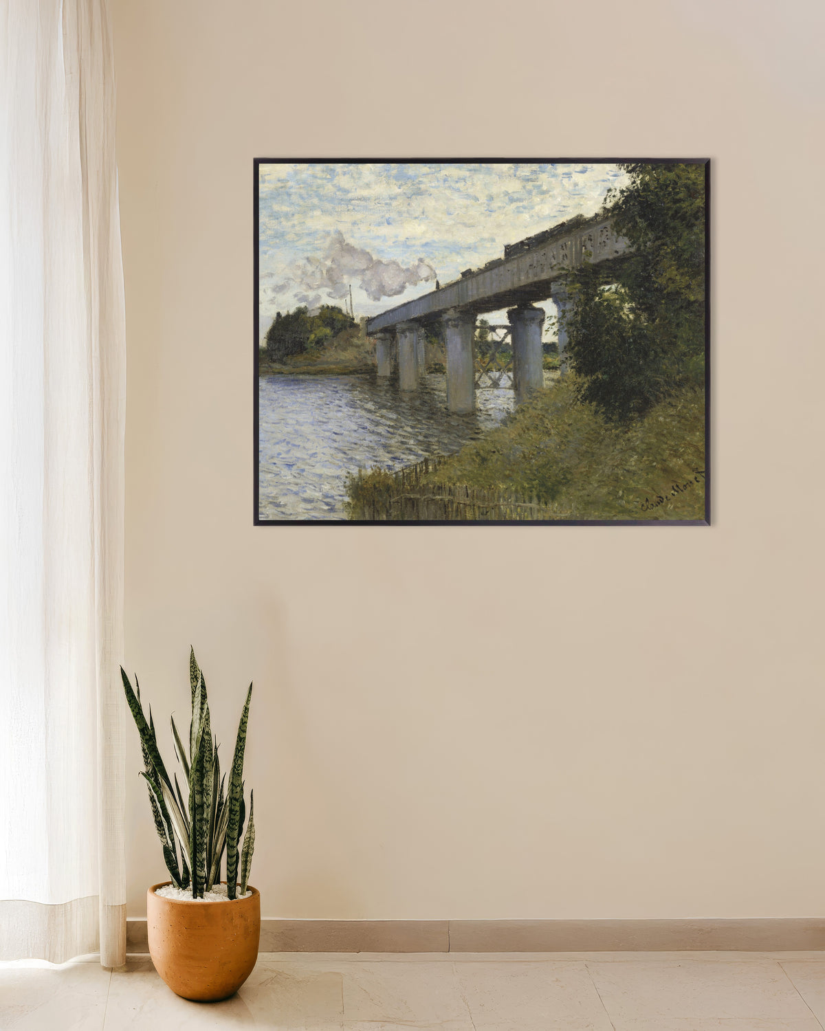 Poster Die Eisenbahnbrücke von Argenteuil (1873–1874) von Claude Monet mit Metallrahmen