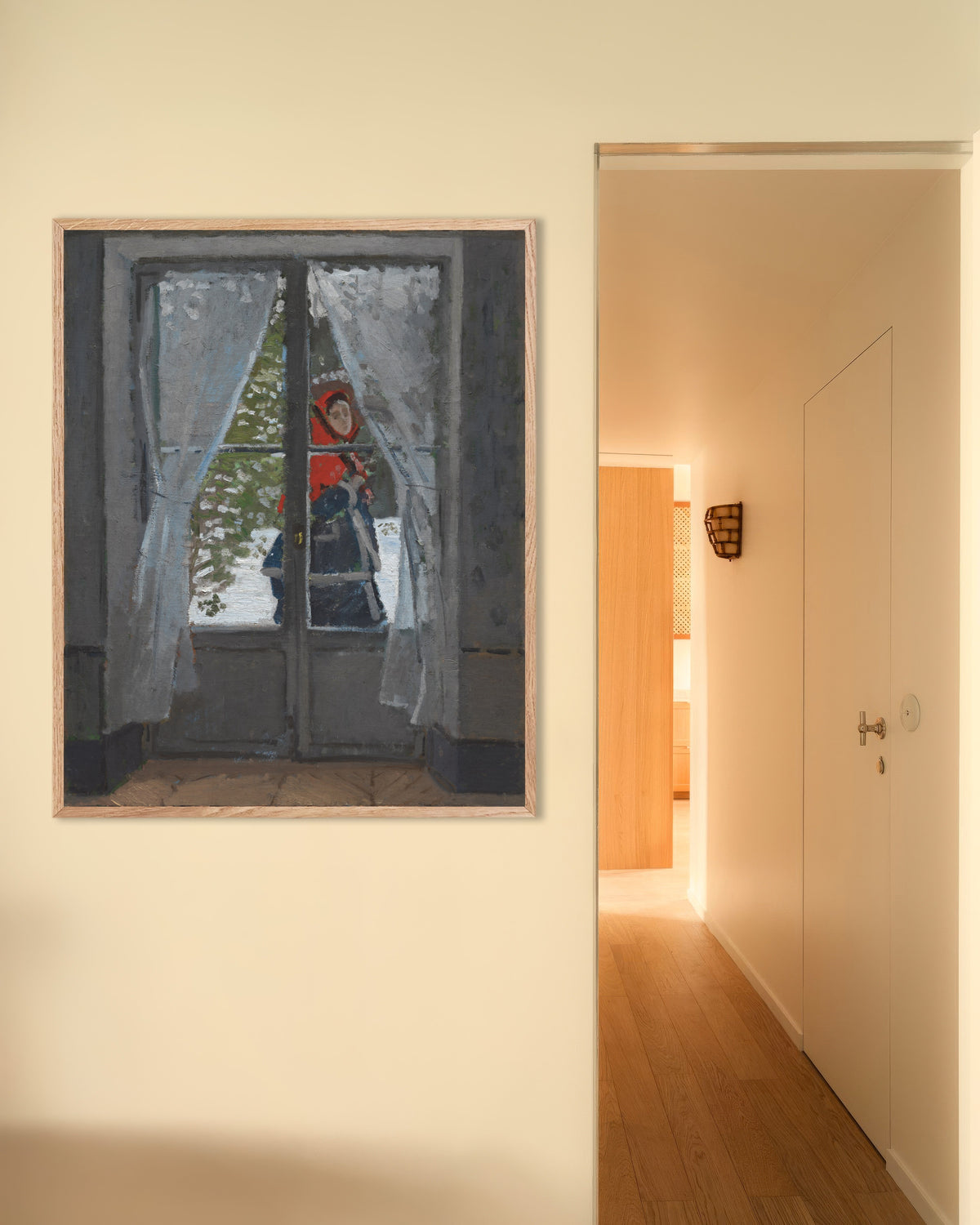 Poster Das rote Kopftuch (um 1868–1873) von Claude Monet mit naturfarbenem Holzrahmen