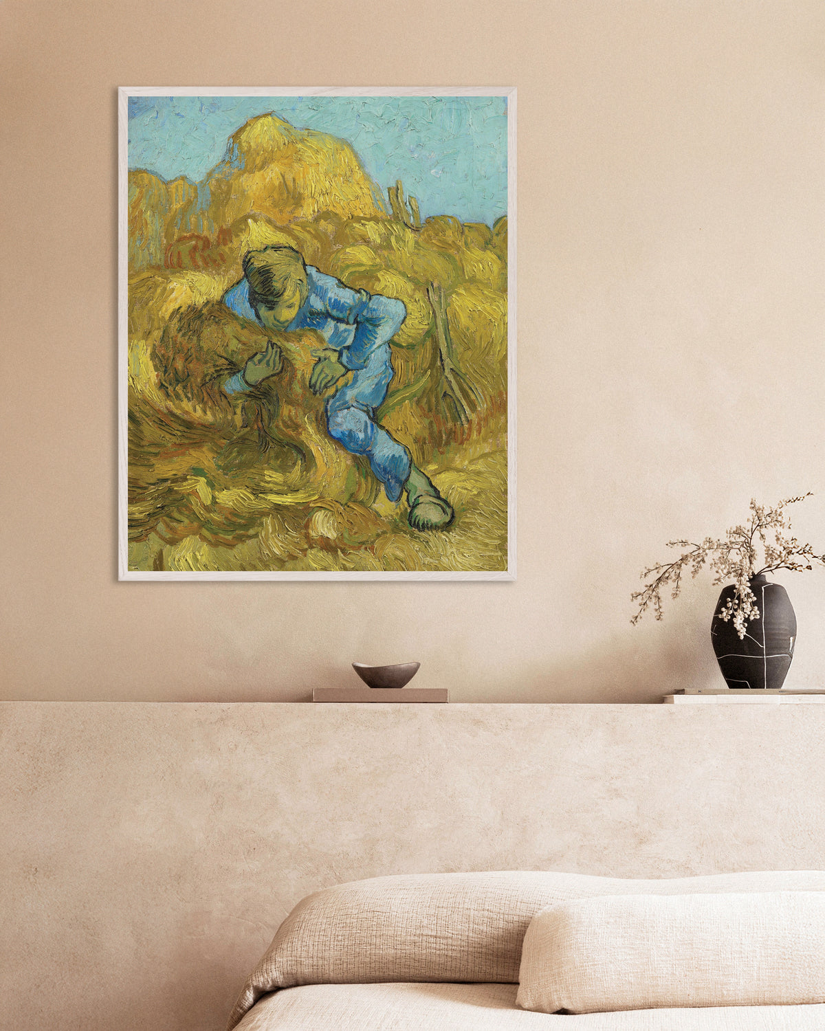 Poster von Der Garbenbinder, nach Millet (1889) von Vincent van Gogh, mit weißem Holzrahmen
