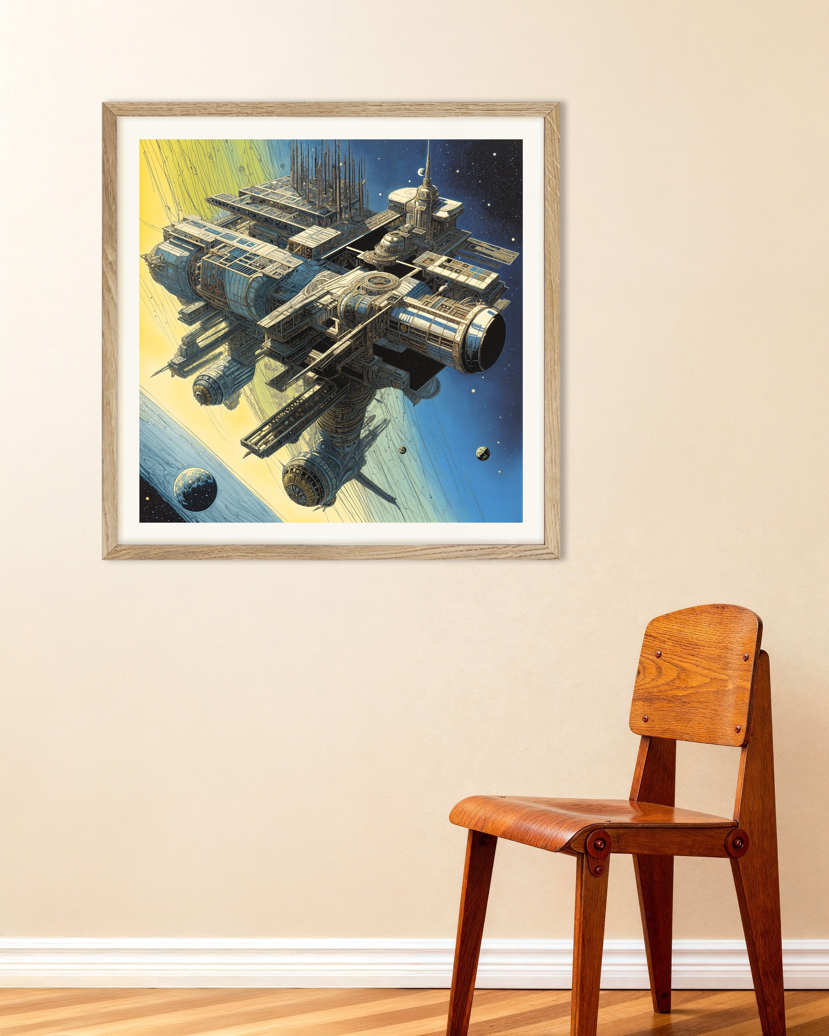 Poster of The Space Station - Tribute to Metal Hurlant - Poster, with natural wooden frame