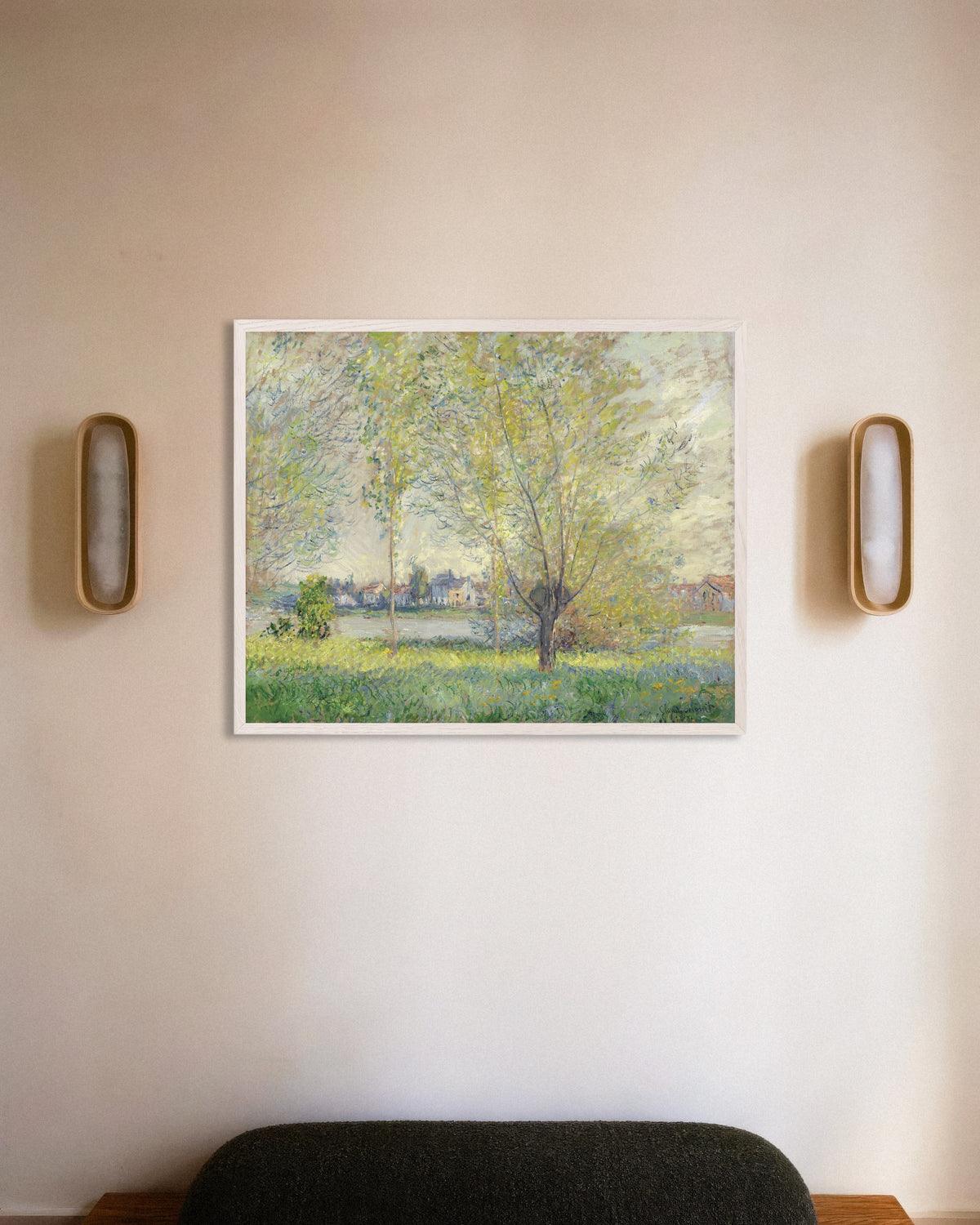 Poster Die Weiden (1880) von Claude Monet mit weißem Holzrahmen