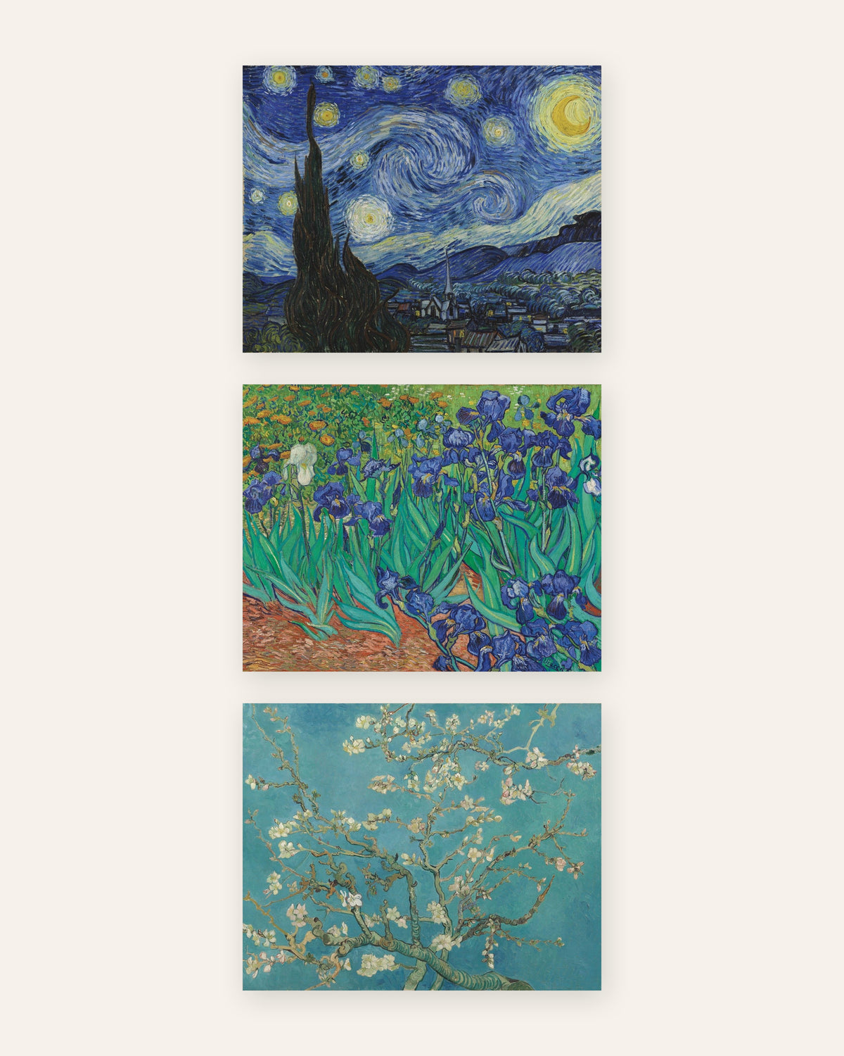 Van Gogh Poster 3er-Set: Die Sternennacht, Schwertlilien und Mandelblüte, ohne Rahmen