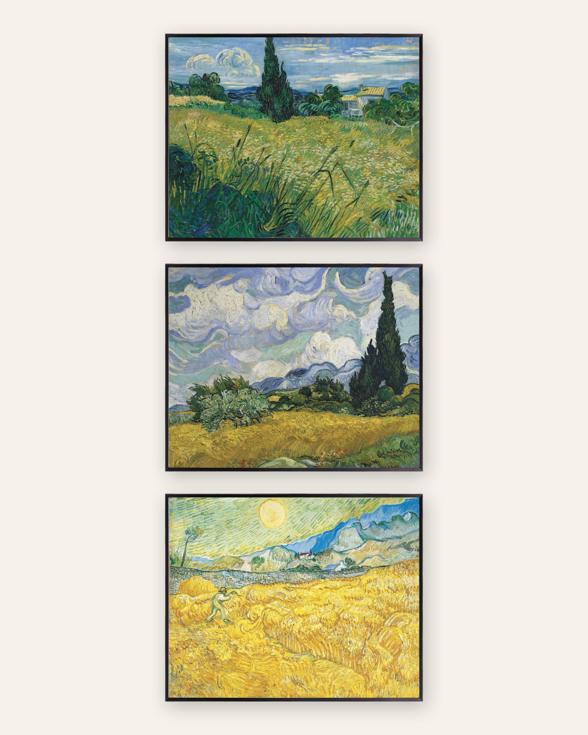 Van Gogh Weizenfeld Poster 3er-Set: Zypressen und Ernte, in schwarzen Metallrahmen