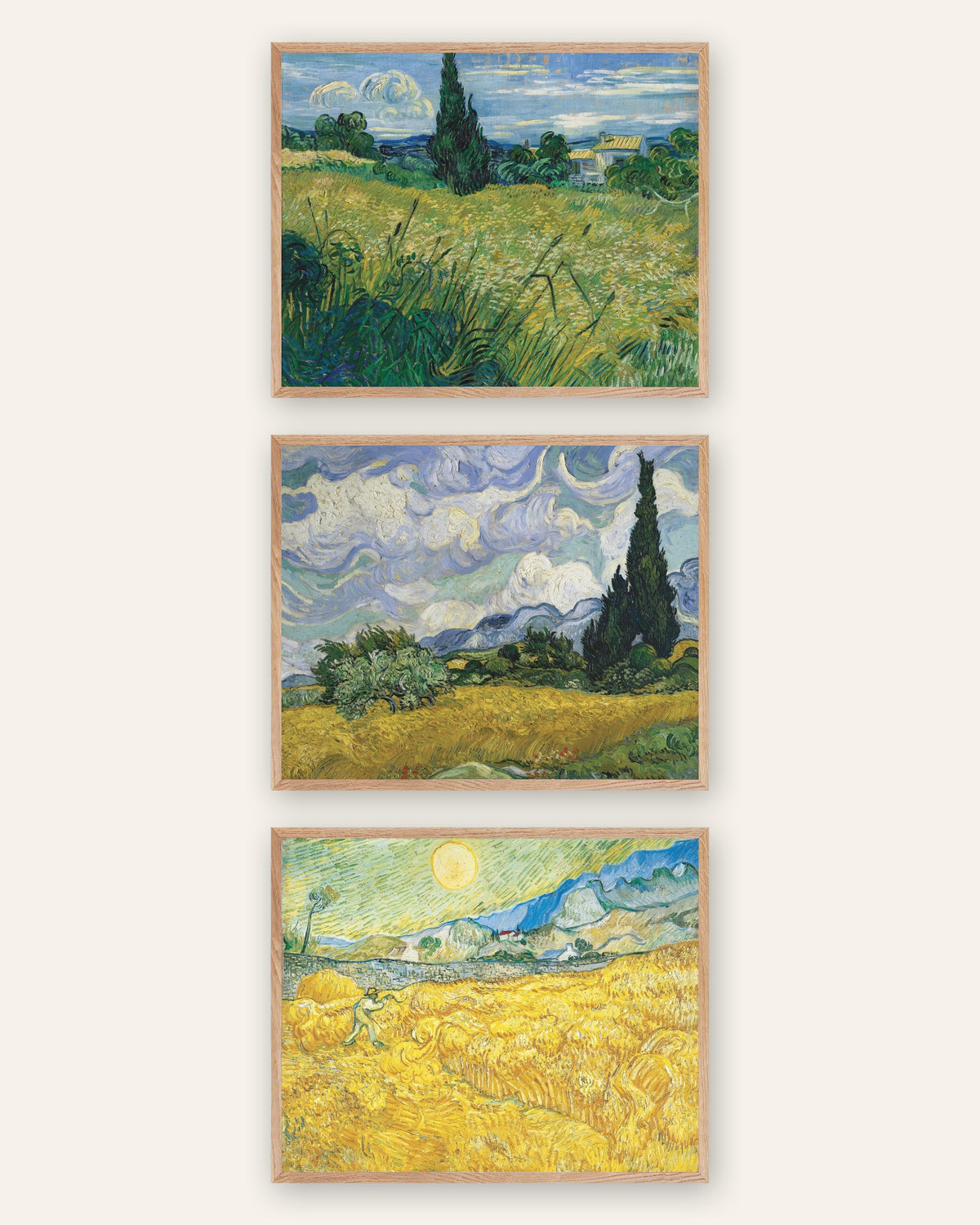 Van Gogh Weizenfeld Poster 3er-Set: Zypressen und Ernte, in Rahmen aus Natureiche