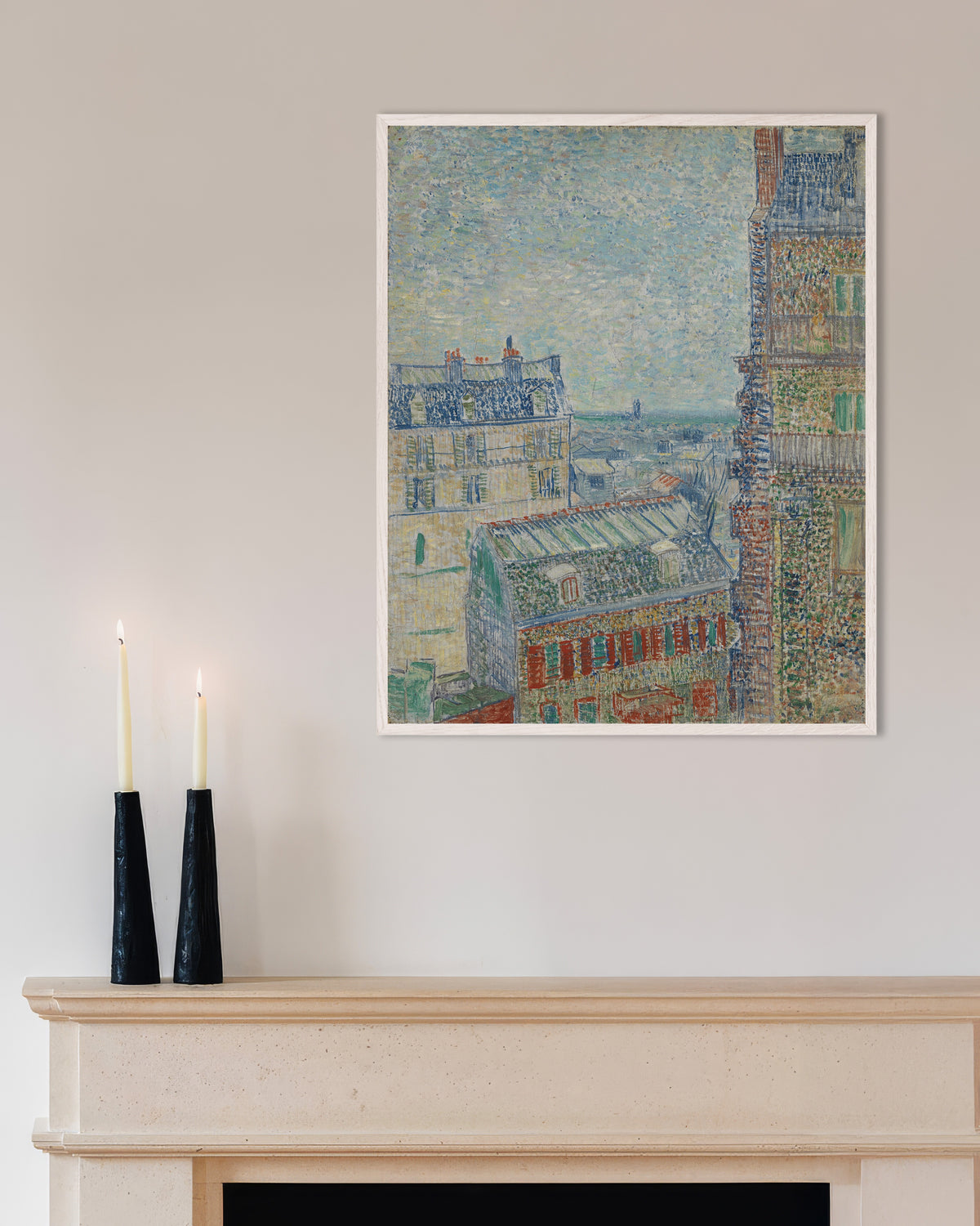 Poster Blick aus Theos Wohnung (1887) von Vincent van Gogh, mit weißem Holzrahmen