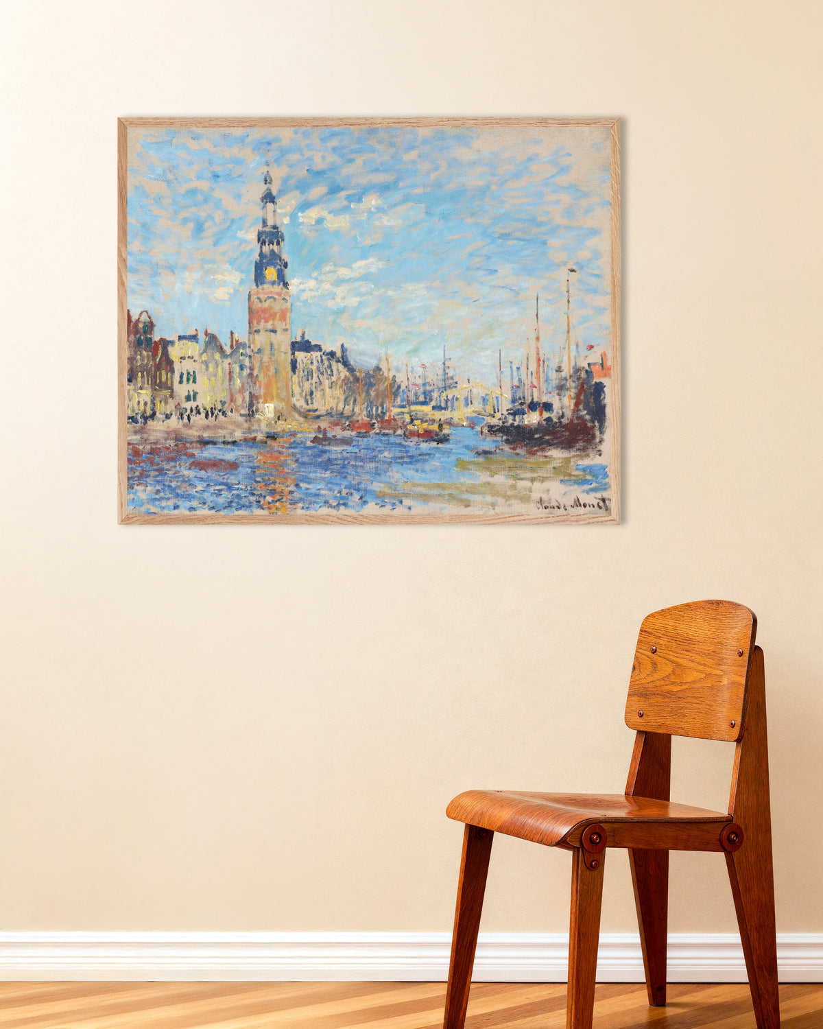Poster Blick auf den Montelbaanstoren, Amsterdam (1874) von Claude Monet mit naturfarbenem Holzrahmen