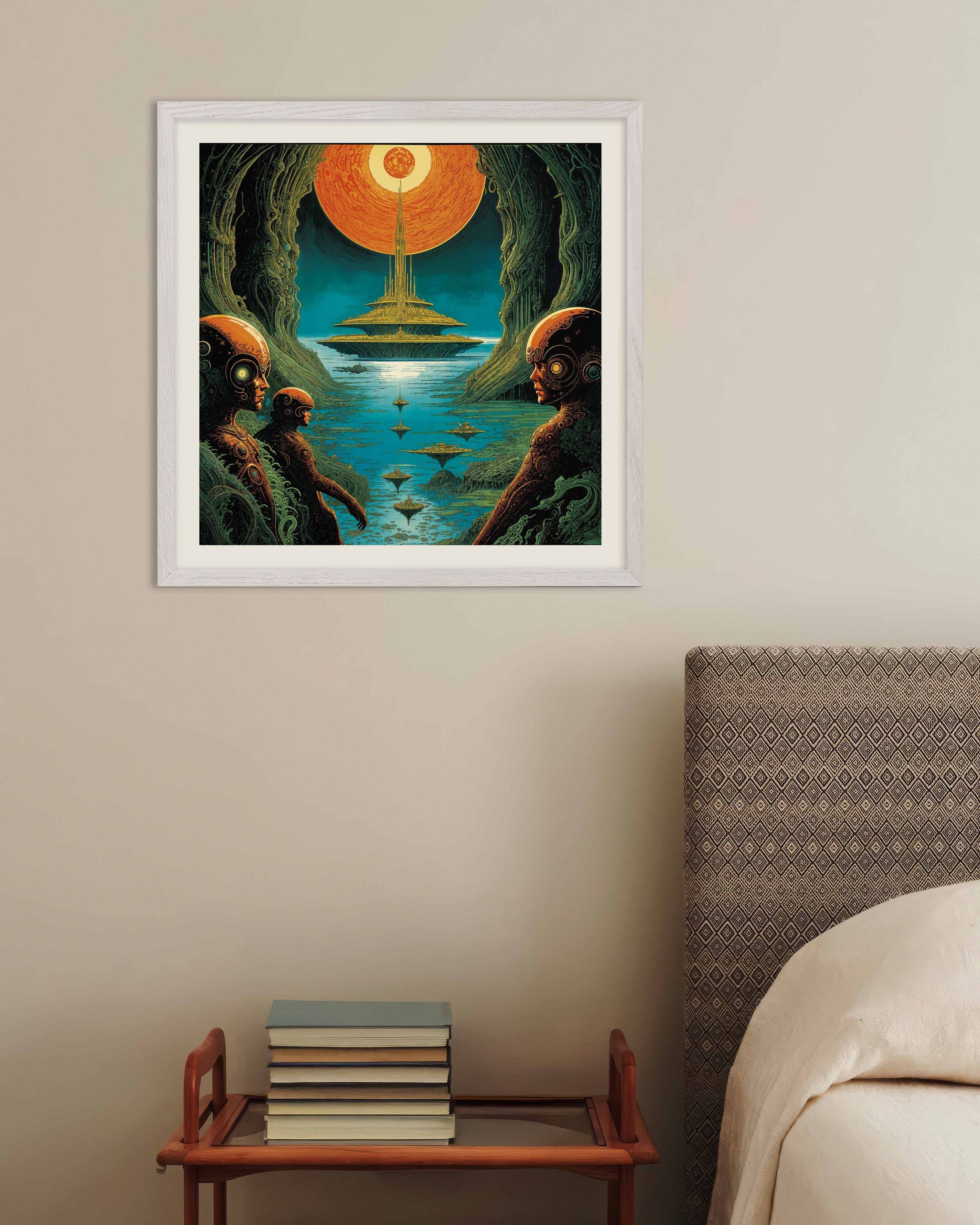Poster of We Merged the Sky and the Ocean - Sci-Fi Cityscape, with white wooden frame