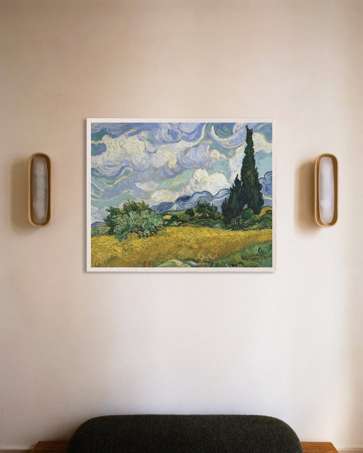 Poster Weizenfeld mit Zypressen (1889) von Vincent van Gogh, mit weißem Holzrahmen