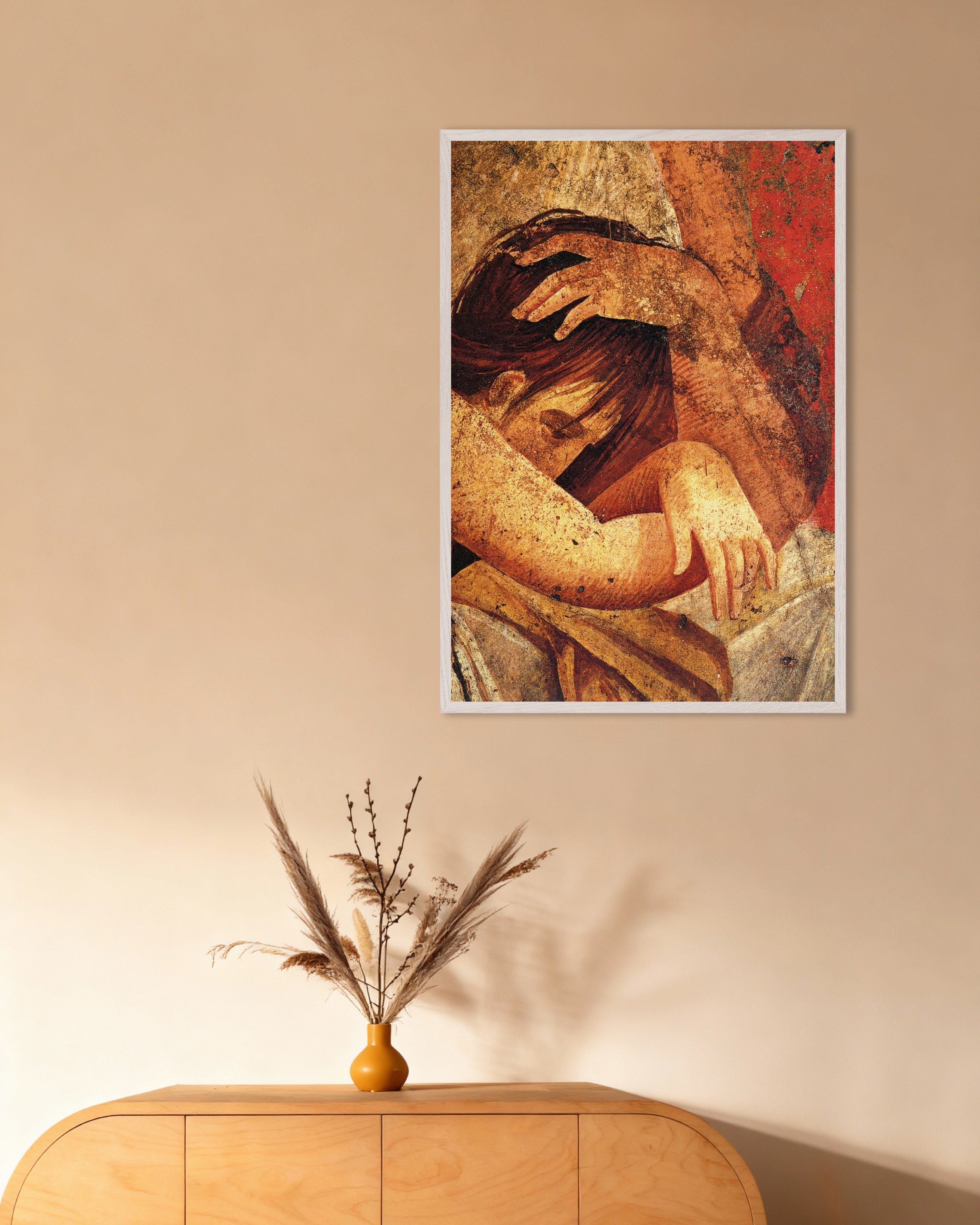 Poster of Woman comforting initiate from Villa of the Mysteries, with white wooden frame