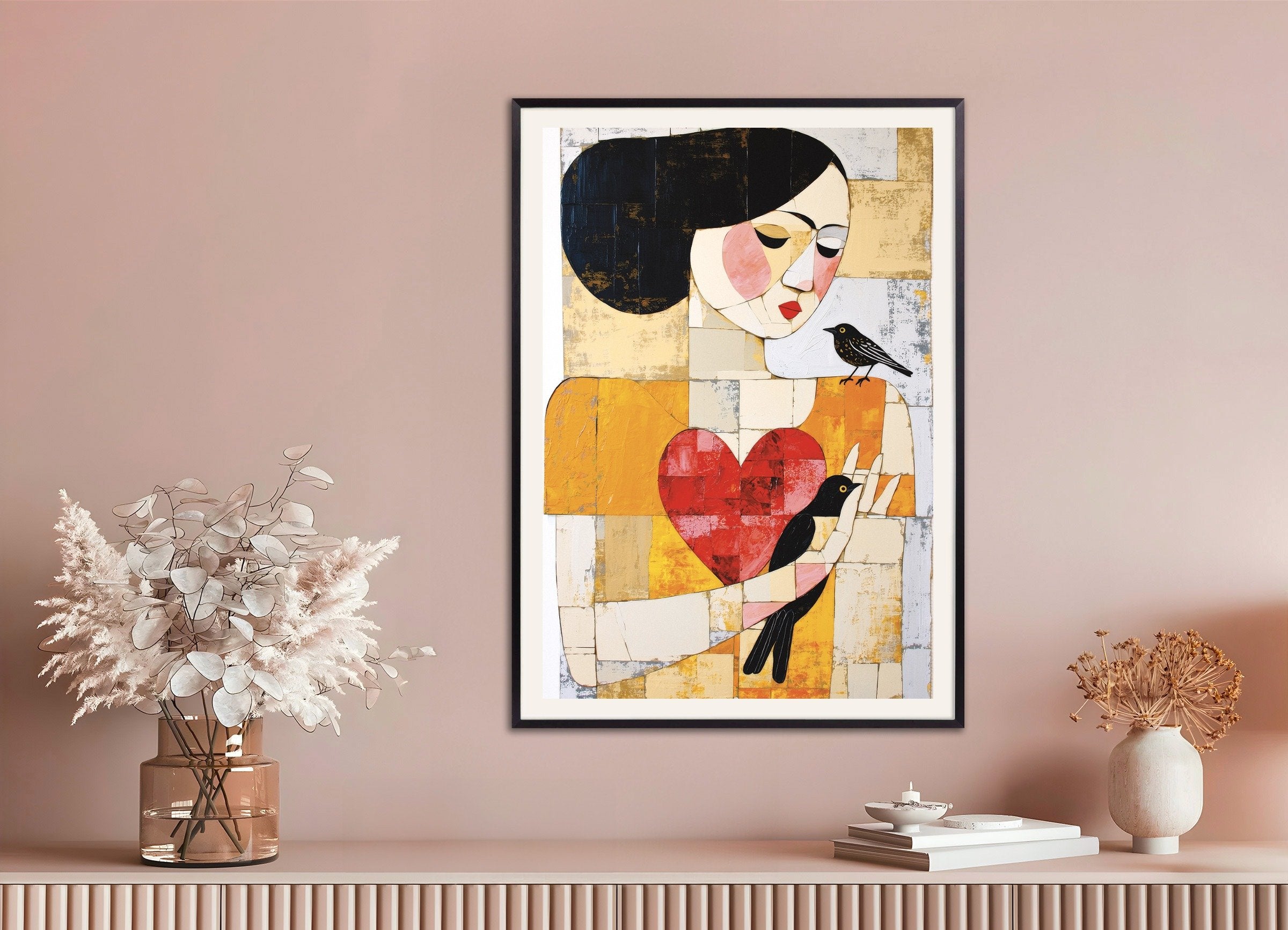 Poster of Woman with birds abstract art print, with metal frame