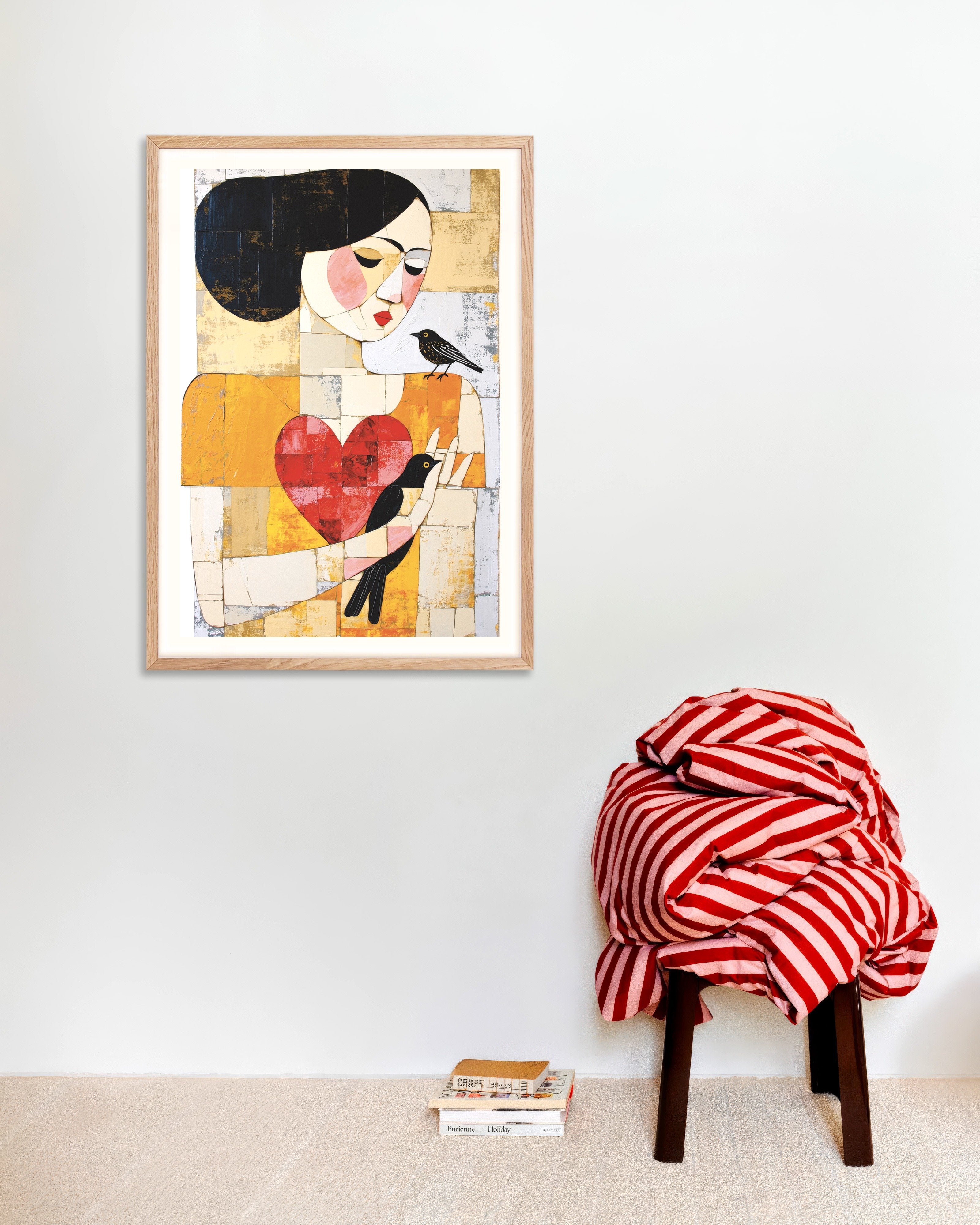 Poster of Woman with birds abstract art print, with natural wooden frame